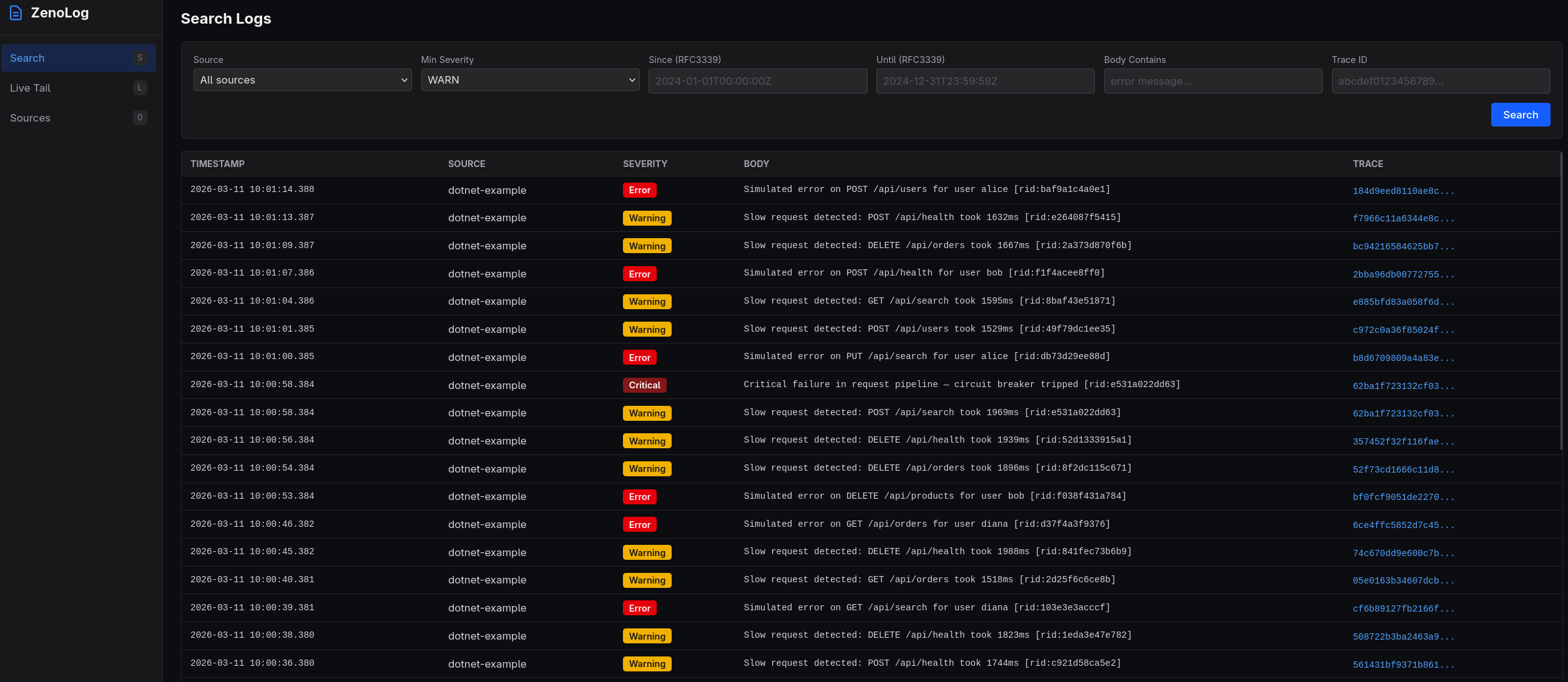 ZenoLog Web UI search view with severity filtering, time range, and trace ID lookup